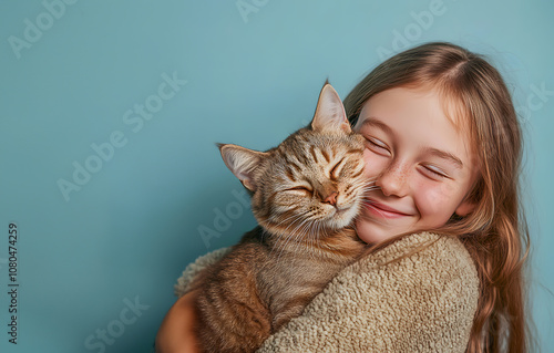 Young smiling happy cheerful owner little girl with her cat