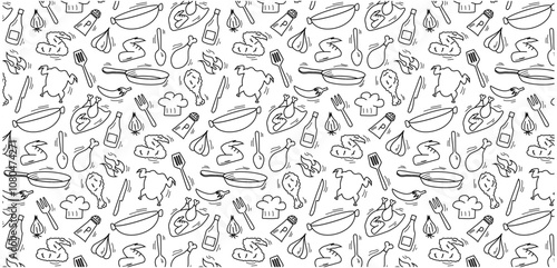 fried chicken doodle seamless pattern background, cooking kitchen utensil icon hand drawing messy sketch