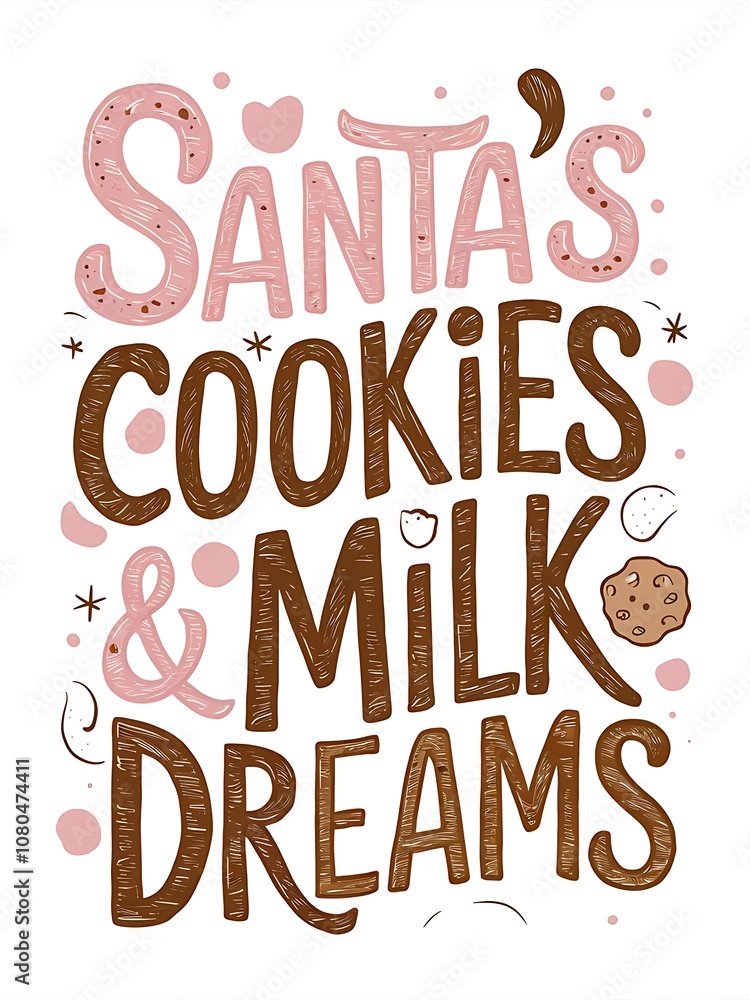 Fototapeta premium Christmas playful, hand-drawn t-shirt design that reads Santas Cookies & Milk Dreams