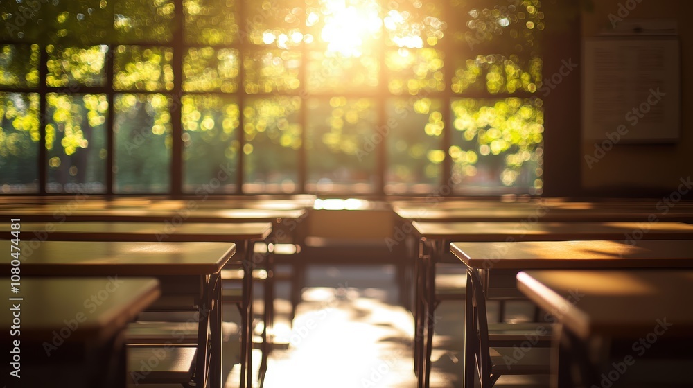 Bright sunlit classroom with empty desks and warm golden hues. Bright sunlit classroom with empty desks and warm golden hues.
