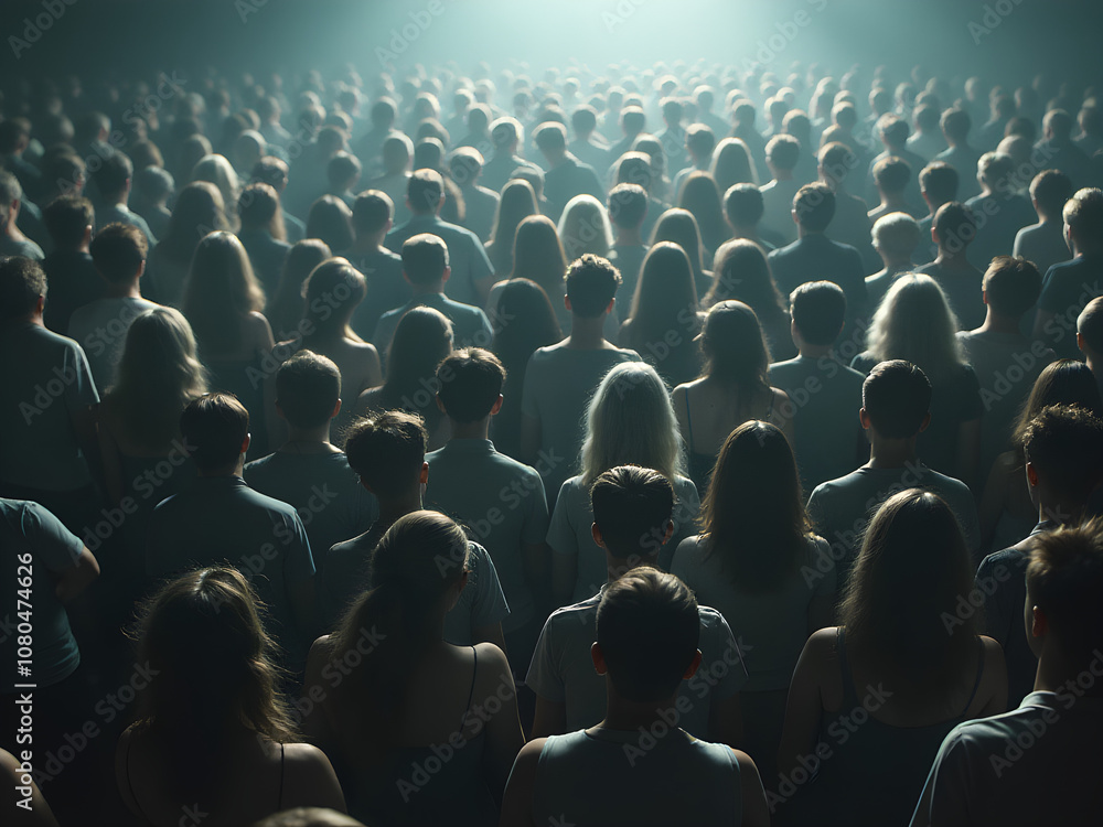 Obraz premium Mysterious Crowd, Back View, Blue Clothing, Hazy Light, Ethereal Glow, Anonymity, Collective, Unity, Mass, Dreamlike, Otherworldly