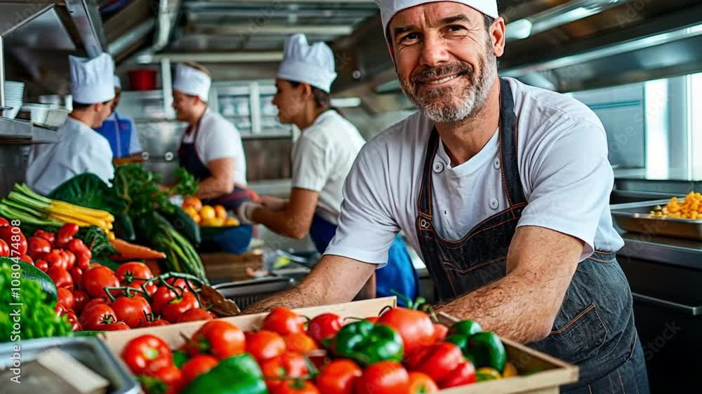 Chef preparing fresh vegetables in a bustling kitchen. Concept of culinary expertise, healthy cooking, and teamwork. Chef preparing fresh vegetables in a bustling kitchen. Concept of culinary expertise, healthy cooking, and teamwork.