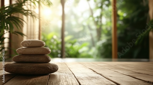 Captivating image of smooth stones stacked in balance on a wooden floor, with a lush green background, evoking themes of tranquility and natural harmony. photo