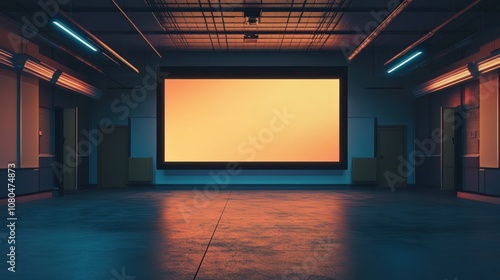 Empty industrial space with a large blank screen, illuminated with warm and cool neon lights.