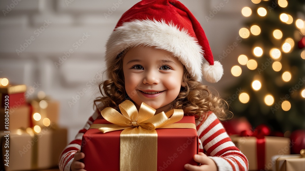 A joyful child wearing a Santa hat holds a wrapped Christmas gift with a golden ribbon, surrounded by festive decorations and tree lights. A joyful child wearing a Santa hat holds a wrapped Christmas gift with a golden ribbon, surrounded by festive decorations and tree lights.