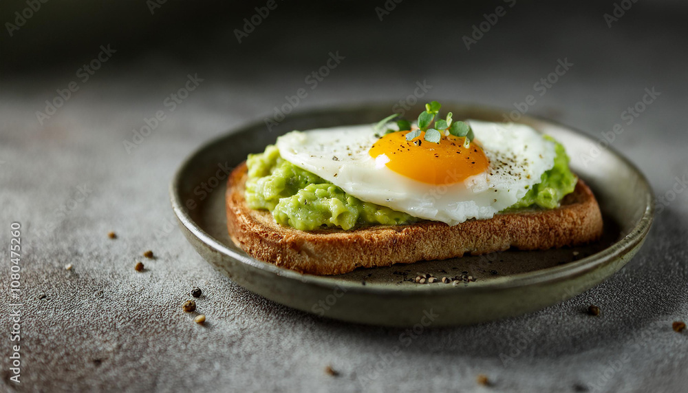 Toasted bread with avocado and fried egg. Delicious and healthy sandwich. Cooking concept. Close-up. Toasted bread with avocado and fried egg. Delicious and healthy sandwich. Cooking concept. Close-up.