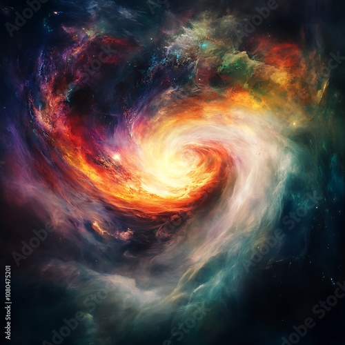 Cosmic swirl of colorful nebula outer space digital artwork celestial environment wide-angle view astrophysical phenomenon