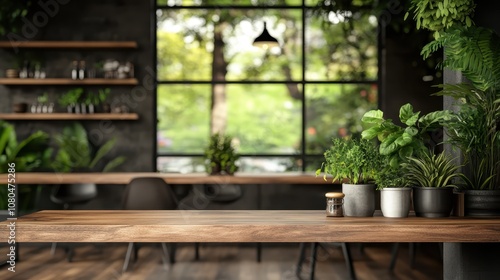 A wooden table with various green potted plants arranged beautifully inside a modern, interior space with open shelving, large windows, and a lush outdoor view.