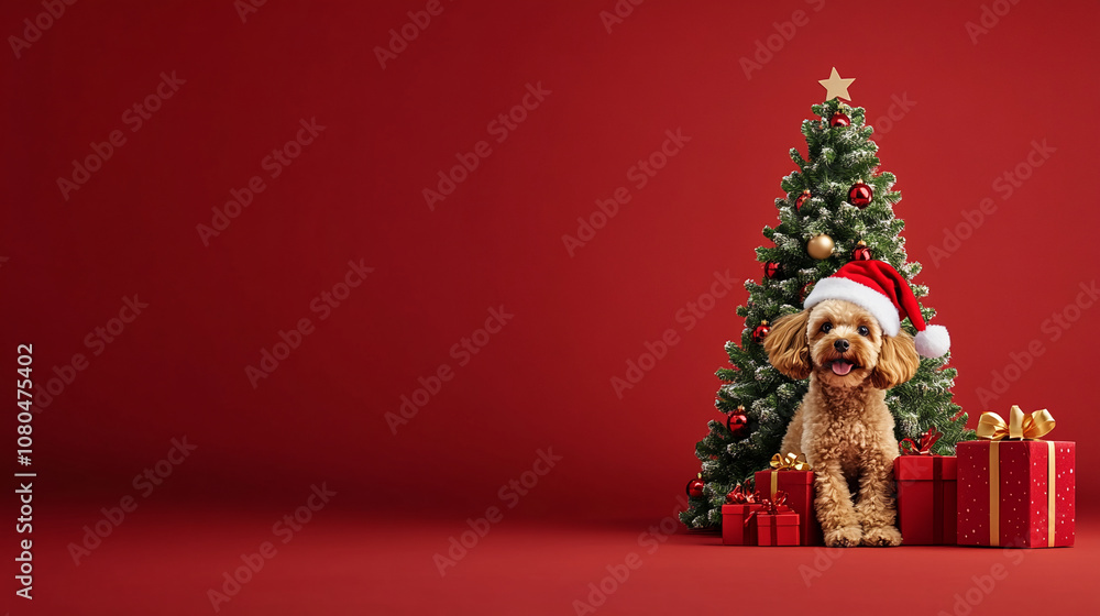 cute poodle dog with cristmas tree and presents xmas and new year background cute poodle dog with cristmas tree and presents xmas and new year background