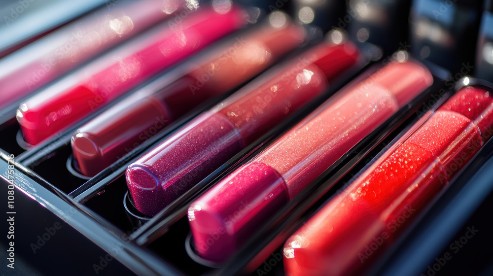 Diverse shades of lip gloss in minimalistic packaging, beautifully organized Diverse shades of lip gloss in minimalistic packaging, beautifully organized