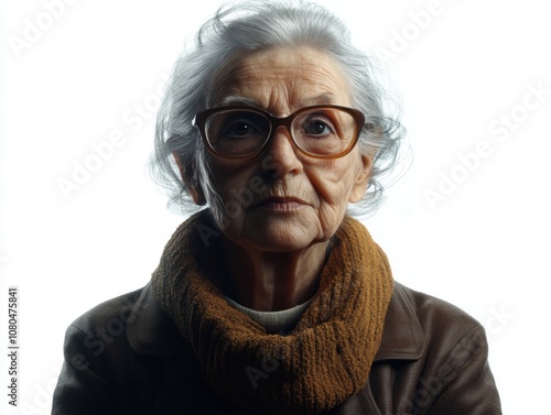 Elderly woman with glasses, serious expression, isolated on white background. photo