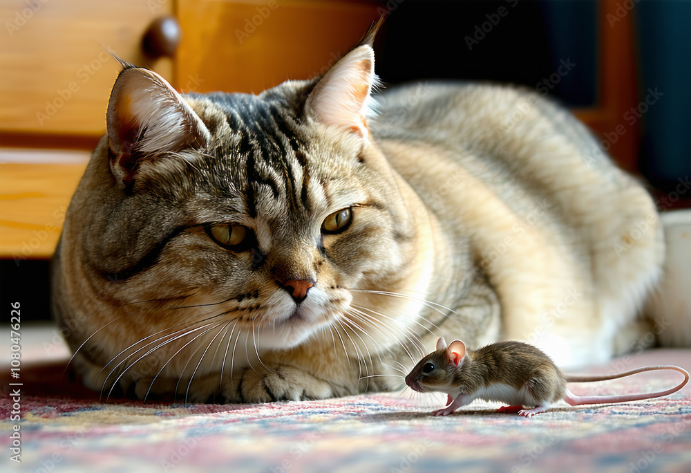 Naklejka premium Lazy fat cat is looking at mouse without interest.