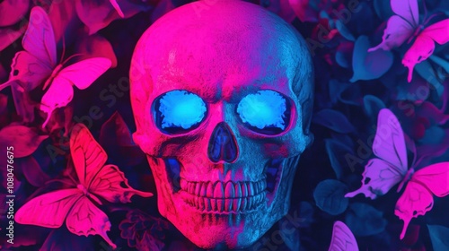 A skull with blue eyes is surrounded by pink and purple butterflies. The image has a surreal and dreamlike quality.