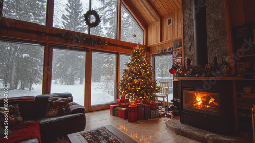 Modern Cabin with Large Christmas Tree