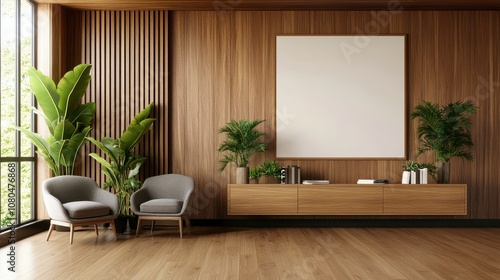 Contemporary lounge featuring two grey chairs, a wooden cabinet, lush indoor plants, and a large square artwork on wood-paneled walls with natural lighting. photo