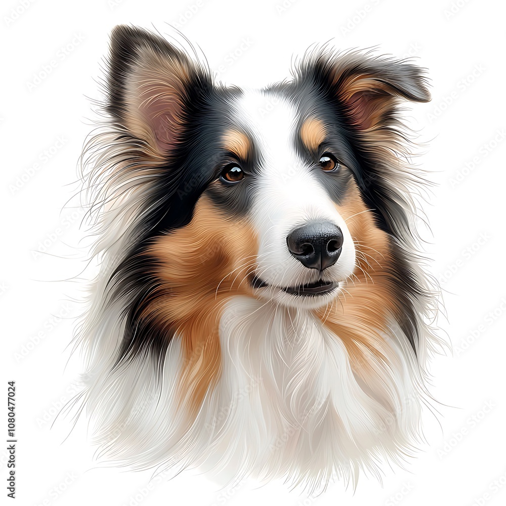 Fototapeta premium The illustration of a beautiful Collie features the breed's distinctive long, flowing fur, perky ears, and intelligent expression, captured in intricate detail against a clean white background
