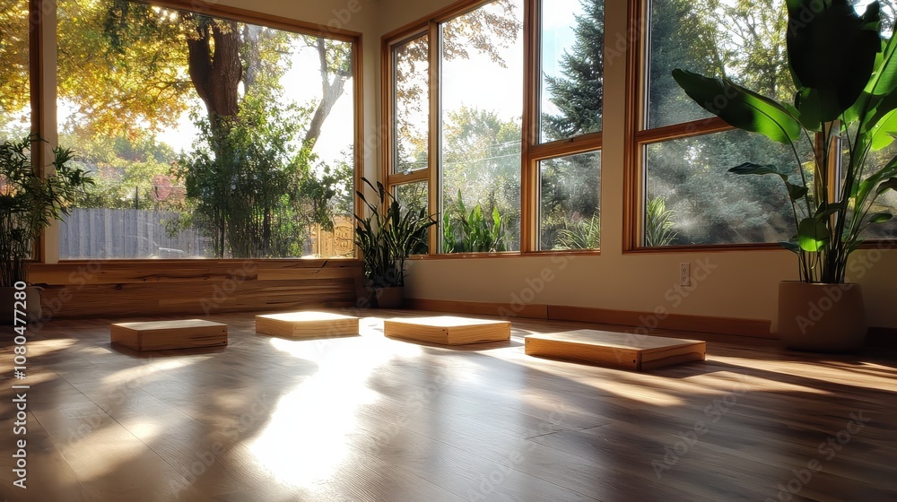 A serene meditation room with simple floor mats and greenery, allowing sunlight to fill the space, enhancing tranquillity and mindfulness through simplicity and nature. A serene meditation room with simple floor mats and greenery, allowing sunlight to fill the space, enhancing tranquillity and mindfulness through simplicity and nature.
