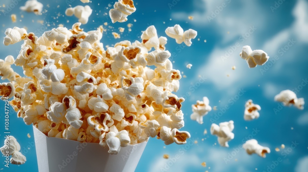 A lively depiction of popcorn seemingly bursting into the sky against a bright backdrop, showcasing the vitality and joy synonymous with cinema and snacking. A lively depiction of popcorn seemingly bursting into the sky against a bright backdrop, showcasing the vitality and joy synonymous with cinema and snacking.
