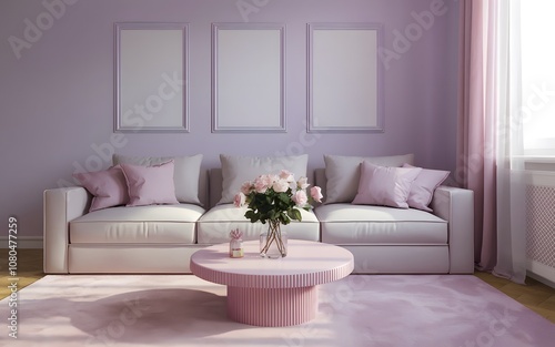 A modern living room with a violet color palette. A plush beige sofa sits against a wall adorned with three blank white frames. In front of the sofa, there's a light pink, round coffee table with a va photo