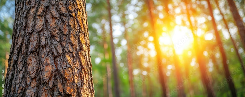 Fototapeta premium Tree bark with sunlight filtering through forest, creating a serene atmosphere.
