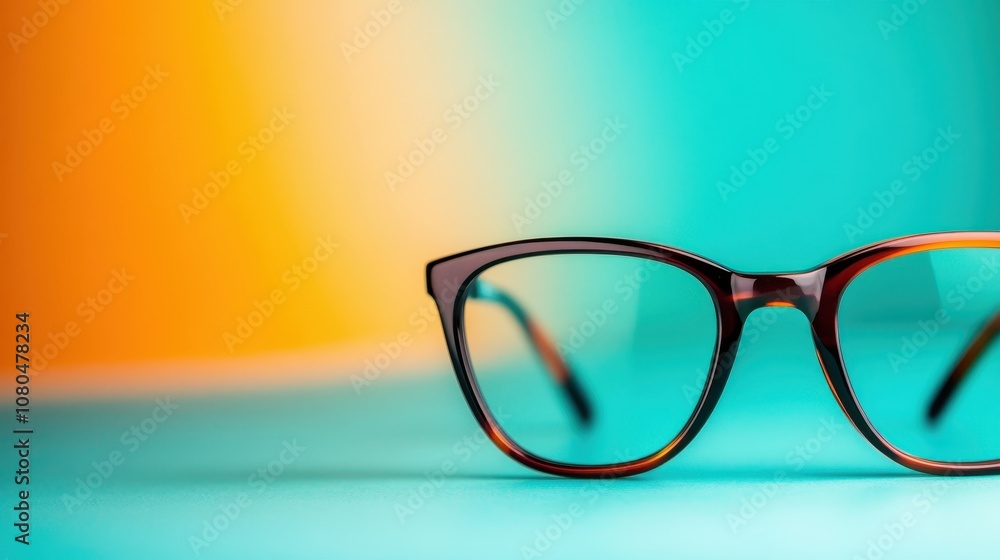 A pair of eyeglasses displayed against a multi-colored gradient backdrop, highlighting their stylish design and blending harmonious colors in a sleek, modern style. A pair of eyeglasses displayed against a multi-colored gradient backdrop, highlighting their stylish design and blending harmonious colors in a sleek, modern style.