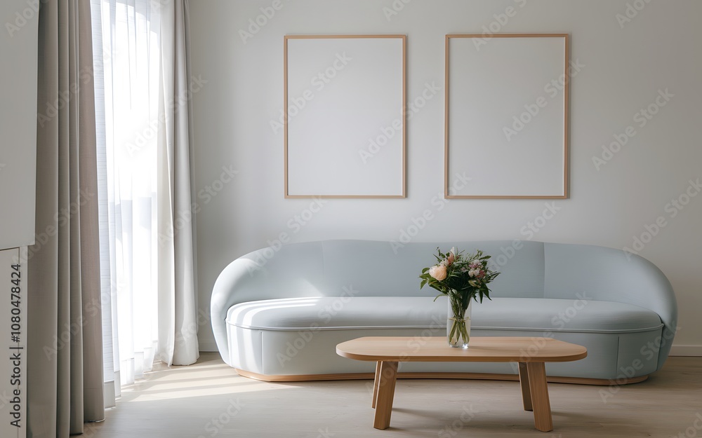 A modern living room setting. A light blue-colored, rounded sofa sits against a white wall, adorned with two blank wooden frames. In front of the sofa, there's a wooden coffee table with a vase of flo A modern living room setting. A light blue-colored, rounded sofa sits against a white wall, adorned with two blank wooden frames. In front of the sofa, there's a wooden coffee table with a vase of flo