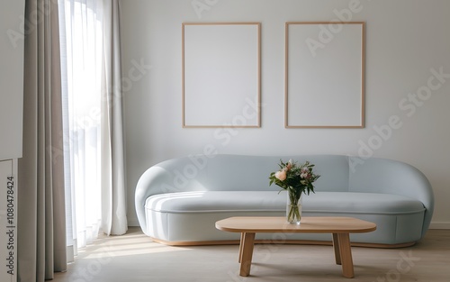 A modern living room setting. A light blue-colored, rounded sofa sits against a white wall, adorned with two blank wooden frames. In front of the sofa, there's a wooden coffee table with a vase of flo