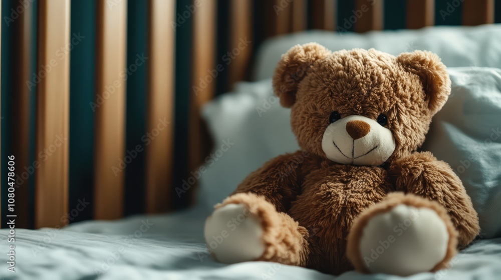 A plush teddy bear sits comfortably on a soft white bedspread, surrounded by soft wooden crib bars, creating a cozy and peaceful nursery atmosphere. A plush teddy bear sits comfortably on a soft white bedspread, surrounded by soft wooden crib bars, creating a cozy and peaceful nursery atmosphere.