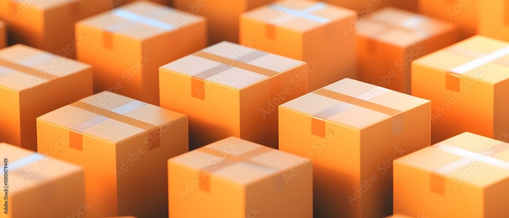 Aerial View of Numerous Orange Boxes with White Tape Arrangement in a Neat Order, Perfect for E-Commerce or Shipping Related Themes and Concepts Aerial View of Numerous Orange Boxes with White Tape Arrangement in a Neat Order, Perfect for E-Commerce or Shipping Related Themes and Concepts