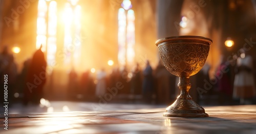 The chalice of the Holy Grail in an old church, with sunlight streaming through stained glass windows