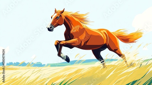 a 2D cartoon illustration of a horse running in a field, fast and strong, white background--ar 16:9 photo