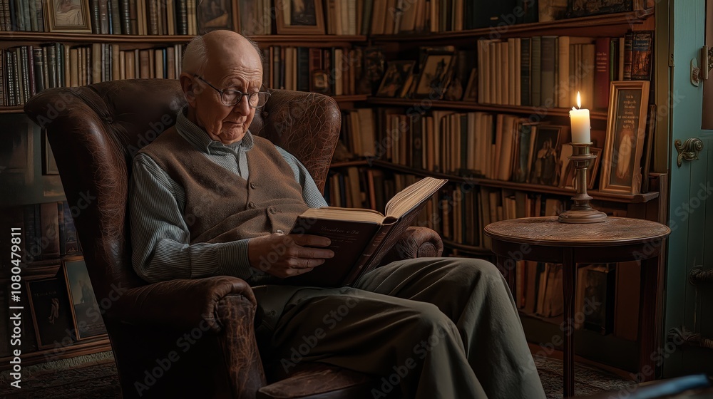 An elderly man sits comfortably in a chair, engrossed in a book, surrounded by numerous book-filled shelves. A soft candle light adds warmth to the quiet space. An elderly man sits comfortably in a chair, engrossed in a book, surrounded by numerous book-filled shelves. A soft candle light adds warmth to the quiet space.