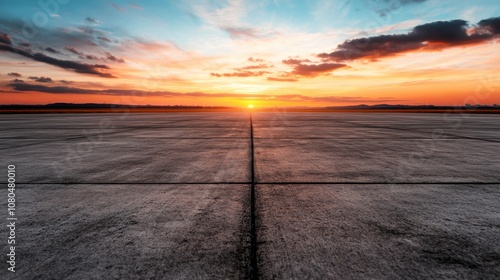 A vast concrete expanse is showcased under a beautiful sunset, with a horizon stretching infinitely, bringing forward a sense of calm and endless possibilities. photo