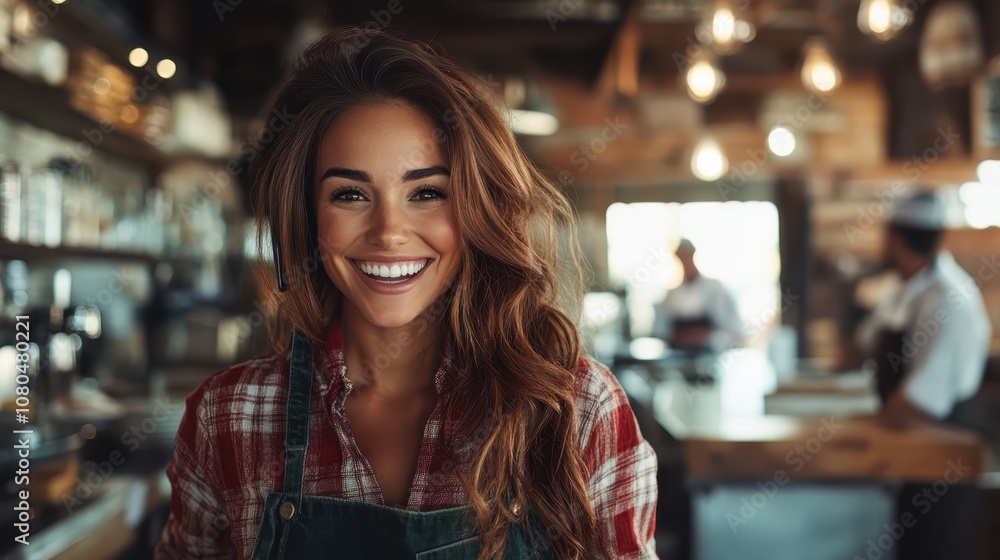 A joyful woman wearing a checkered shirt and apron, radiating positivity while standing in a warmly lit cafe with a rustic and cozy ambiance. A joyful woman wearing a checkered shirt and apron, radiating positivity while standing in a warmly lit cafe with a rustic and cozy ambiance.