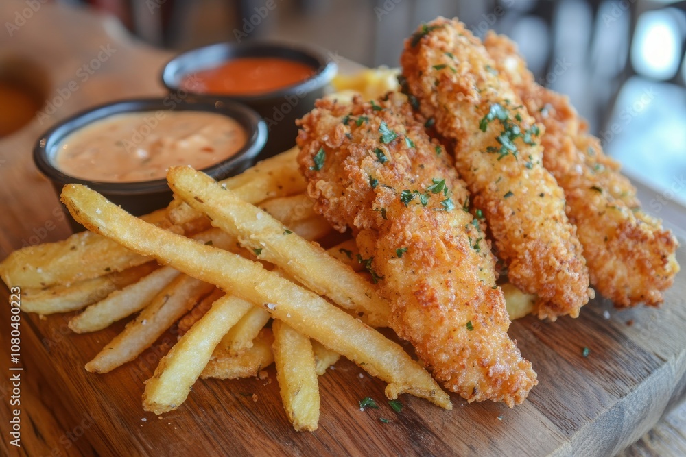 Delicious Breaded Chicken Strips with Crispy Fries for Fast Food Promotion Delicious Breaded Chicken Strips with Crispy Fries for Fast Food Promotion