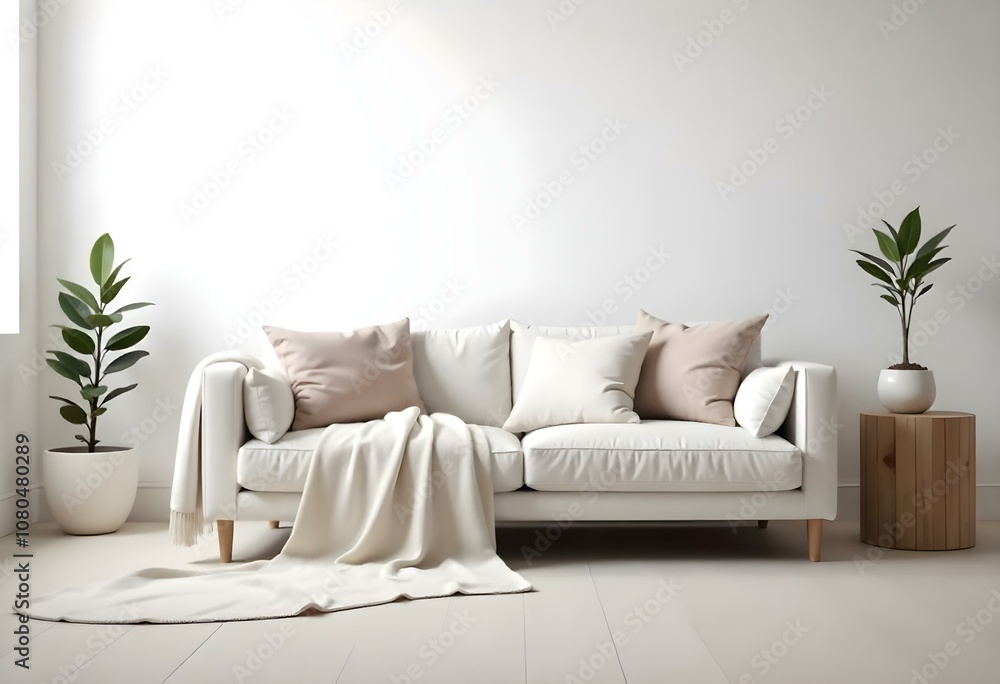 A modern, minimalist living room with a white sofa, beige throw blankets, and decorative pillows against a plain white wall. A modern, minimalist living room with a white sofa, beige throw blankets, and decorative pillows against a plain white wall.