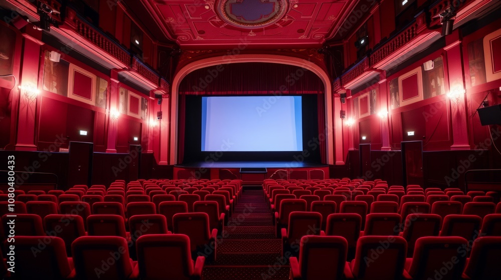 Fototapeta premium Empty cinema movie theater with blank screen and red seats.