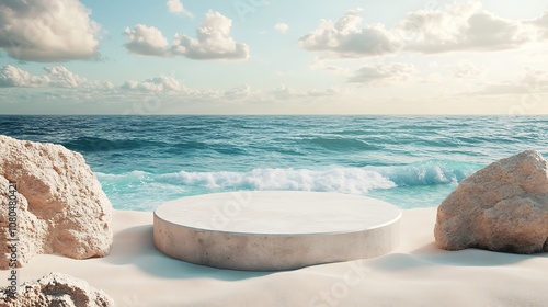 A serene beach scene featuring a circular platform surrounded by rocks and gentle ocean waves.