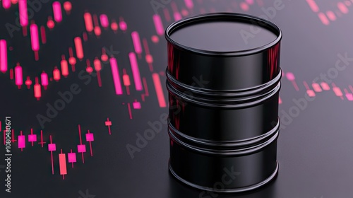 Dynamic 3D visualization of an oil barrel and candlestick chart illustrating trading analysis on a striking black background photo