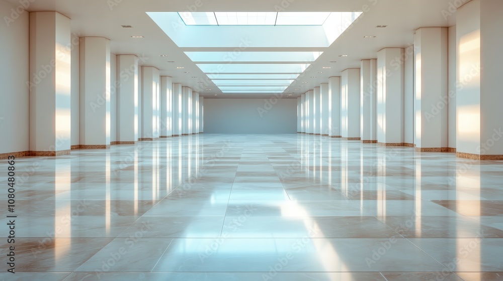 A bright and spacious corridor featuring polished marble floor tiles, illuminated by a row of overhead skylights, exuding an air of modern elegance and tranquility. A bright and spacious corridor featuring polished marble floor tiles, illuminated by a row of overhead skylights, exuding an air of modern elegance and tranquility.