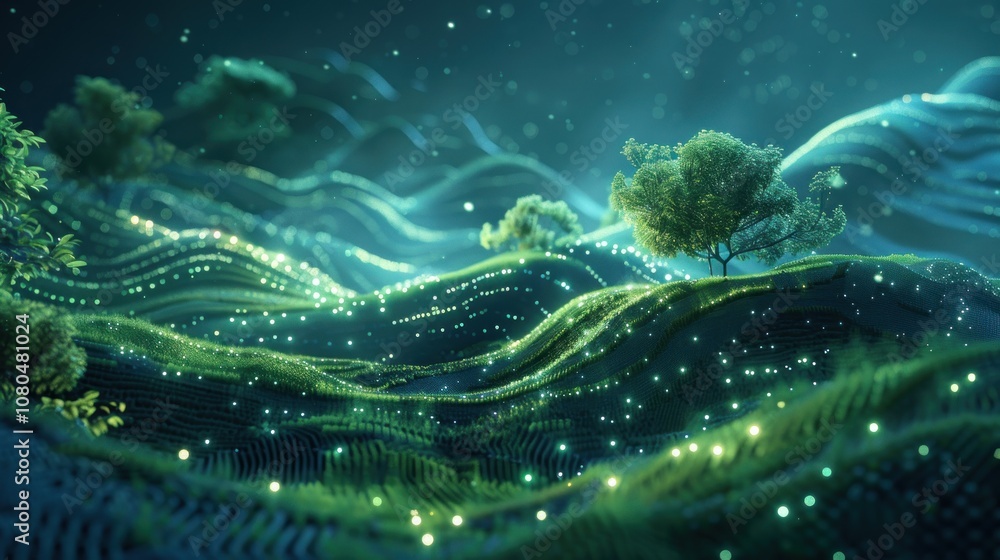 A surreal landscape with rolling green hills, glowing lights, and trees at night. A surreal landscape with rolling green hills, glowing lights, and trees at night.