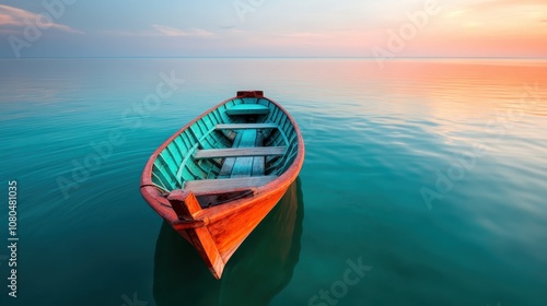 This image captures a solitary wooden boat gently floating on a tranquil sea during sunset, offering a sense of peace and connection with nature's beauty.