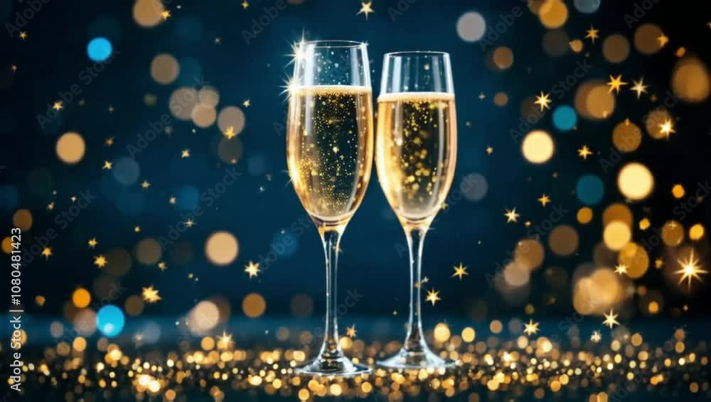 Two glasses of champagne on a dark background with a bokeh effect and sequins, a festive atmosphere. Winter holidays - Christmas and New Year with copy space. Motion animation. Two glasses of champagne on a dark background with a bokeh effect and sequins, a festive atmosphere. Winter holidays - Christmas and New Year with copy space. Motion animation.