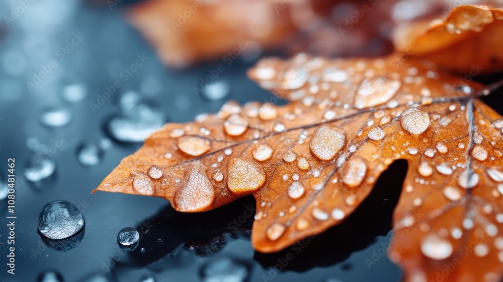 A close-up image of a textured autumn leaf, adorned with glistening rain droplets, resting on a dark background, capturing a peaceful moment of nature's serenity. A close-up image of a textured autumn leaf, adorned with glistening rain droplets, resting on a dark background, capturing a peaceful moment of nature's serenity.