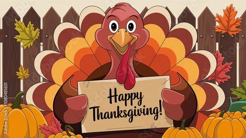 Turkey illustration with holding a sign that says 'Happy Thanksgiving!'. There are autumn leaves and pumpkins scattered around the turkey illustration, generative ai