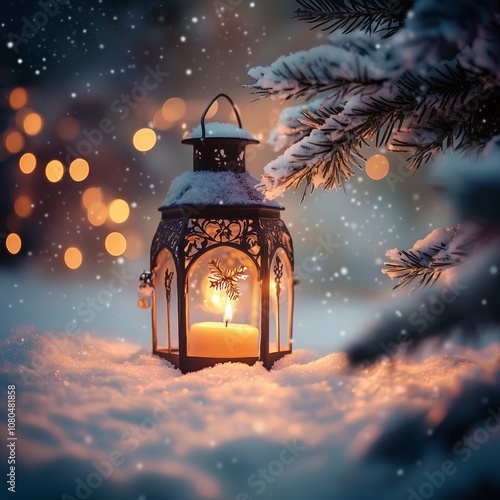 warm candlelit lantern in snow with pine branches and bokeh christmas scene photo