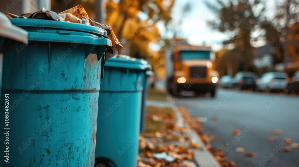 A neighborhood street lined with blue recycling bins ready for collection as a garbage truck approaches, illustrating community waste management efforts. A neighborhood street lined with blue recycling bins ready for collection as a garbage truck approaches, illustrating community waste management efforts.