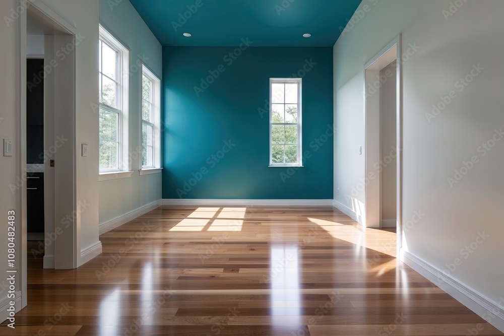 Obraz premium Bright Cerulean Walls Polished Maple Flooring and Sunlit Accents in Minimalist Interior Design