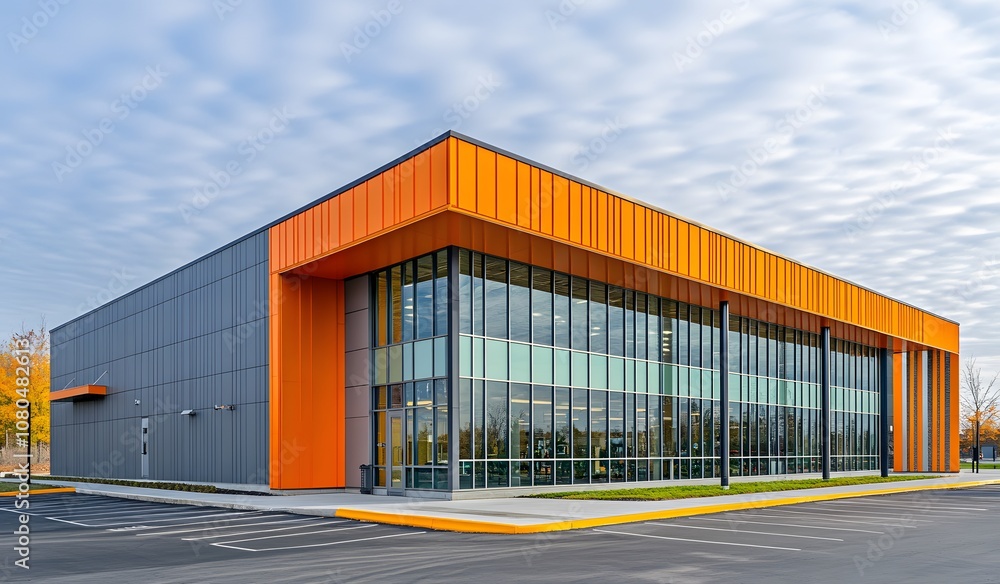 A stock photo of an industrial building with orange and gray metal cladding, a modern roller door in the entrance area, A stock photo of an industrial building with orange and gray metal cladding, a modern roller door in the entrance area,