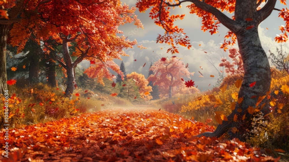 A forest with trees and leaves on the ground. The leaves are orange and fall from the trees A forest with trees and leaves on the ground. The leaves are orange and fall from the trees